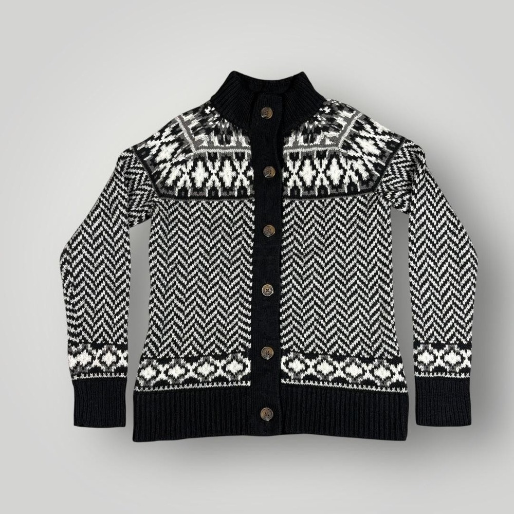 Lands'‎ End Sweater Womens XS 2-4 Black Fair Isle Button Cardigan Knit Winter